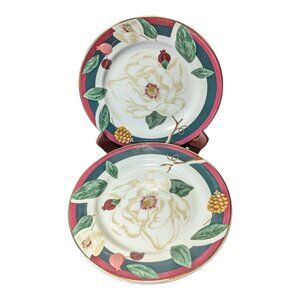VTG 1998 Tienshan Fine China Magnolia Salad Plates With Gold Trim 8" Set of 2